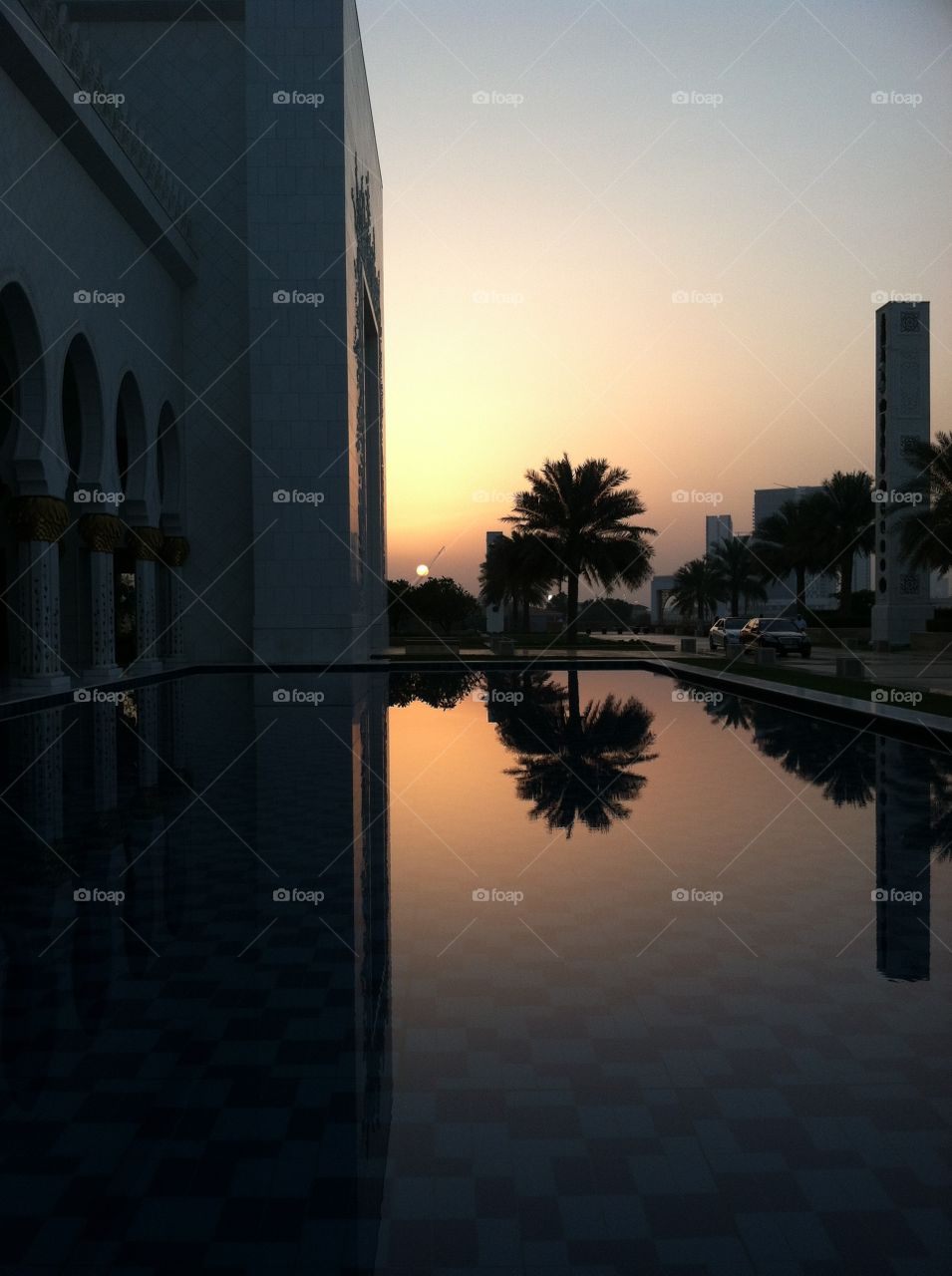 A palm tree silhouetted against the sunset with a perfect reflection in a pool at the Grand Mosque in Abu Dhabi.