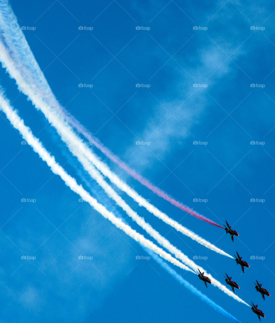 Red Arrows aerobatics display in the skies above Hastings, U.K. 