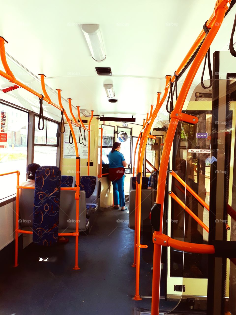 Interior of bus. Empty city buss. Buss travel.