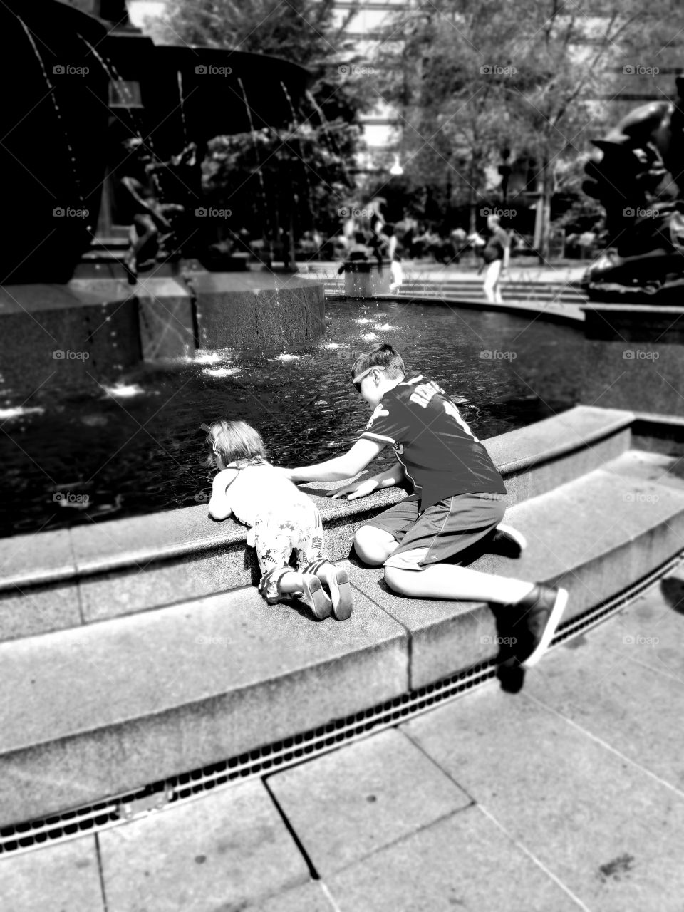 Fountain, siblings, brother, sister, big brother,  little sister,  Cincinnati summer,  make a wish,  black and white,  kids,