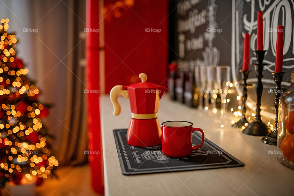 cup of coffee in a cozy festive Christmas atmosphere