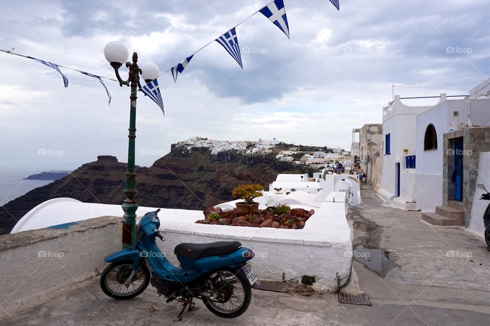 Scooter with a view, Santorini, Greece 