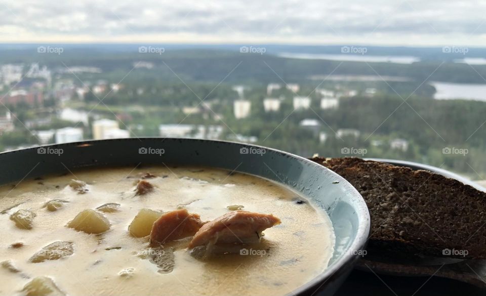 Salmon soup and rye bread at Puijo tower in Kuopio Finland