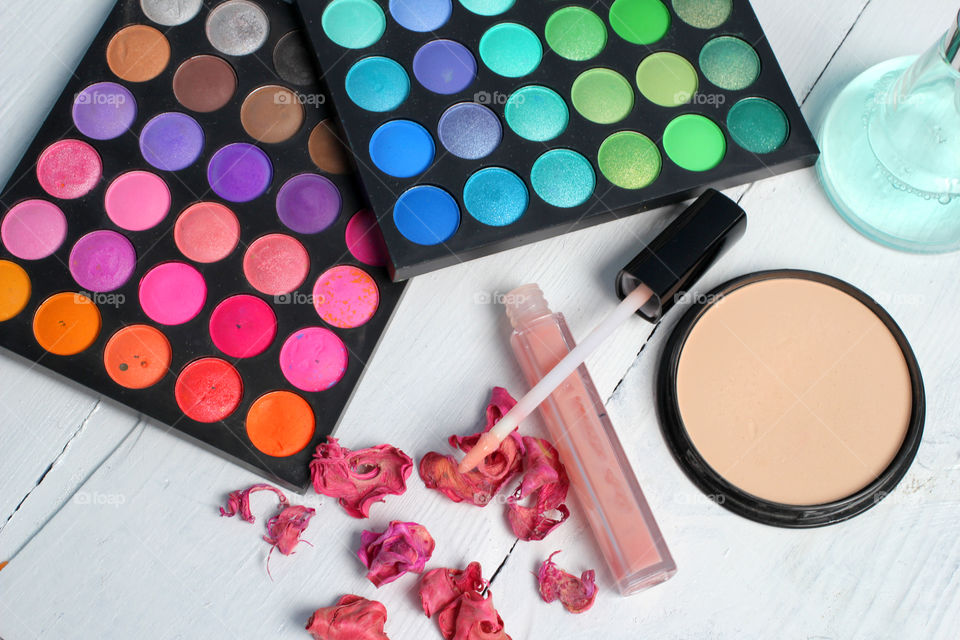 Cosmetics, makeup, ink, foundation, powder, blush, lipstick, personal care, perfume, beauty salon, female beauty, paint, palette, palette of shadows, palette for eyes, flower petals