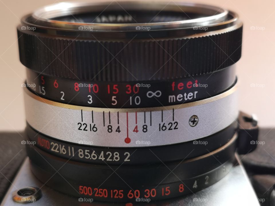 Macro of lens of old analog camera