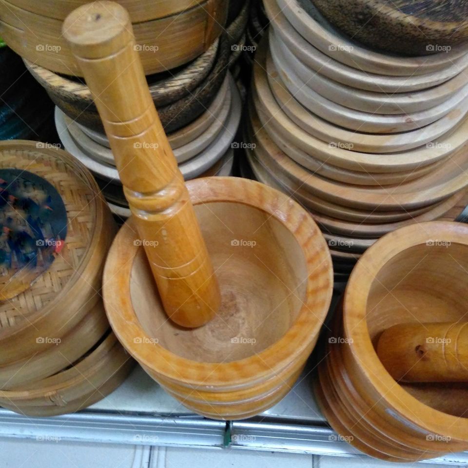 Wooden mortar on market