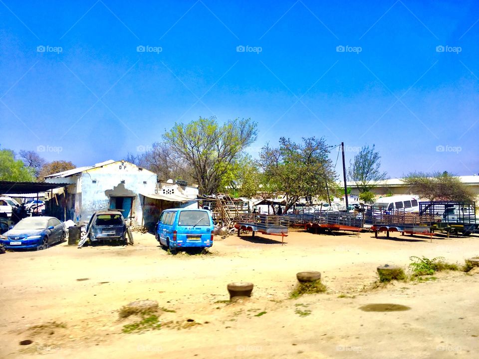 Rural area in Botswana. Blue van