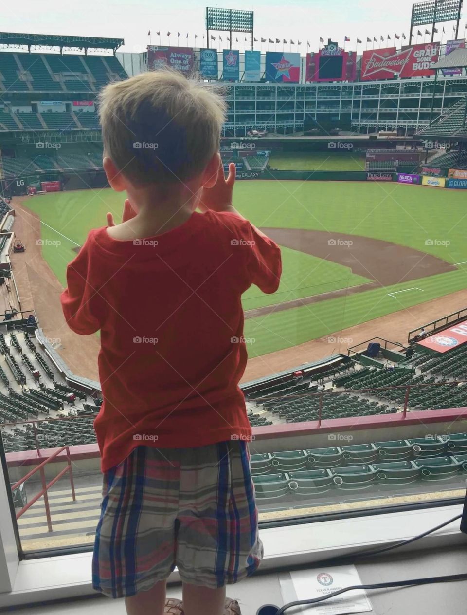 Take me out to the ballgame! A toddler boy overlooks a Major League Baseball field. The toddler is wearing a red shirt with blue plaid shorts. 