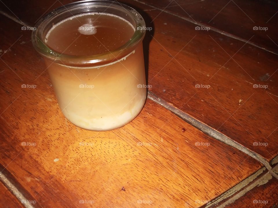 Homemade coffee drink in a glass cup.
