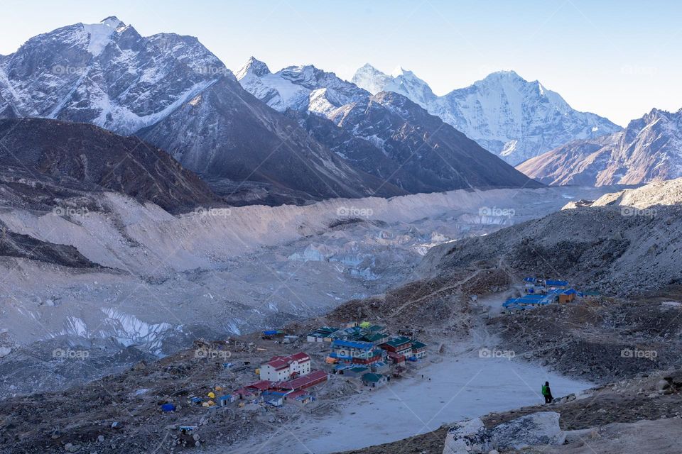 Remote settlement in the Himalayas Mountains- Nepal. The last settlement before Everest Base Camp- Gorakshep seen from Kala Patthar.