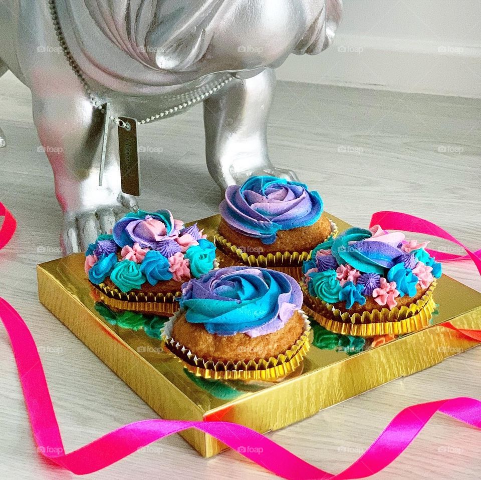 Unicorn mermaid colours cupcake in vanilla buttercream, low sugar and healthy
