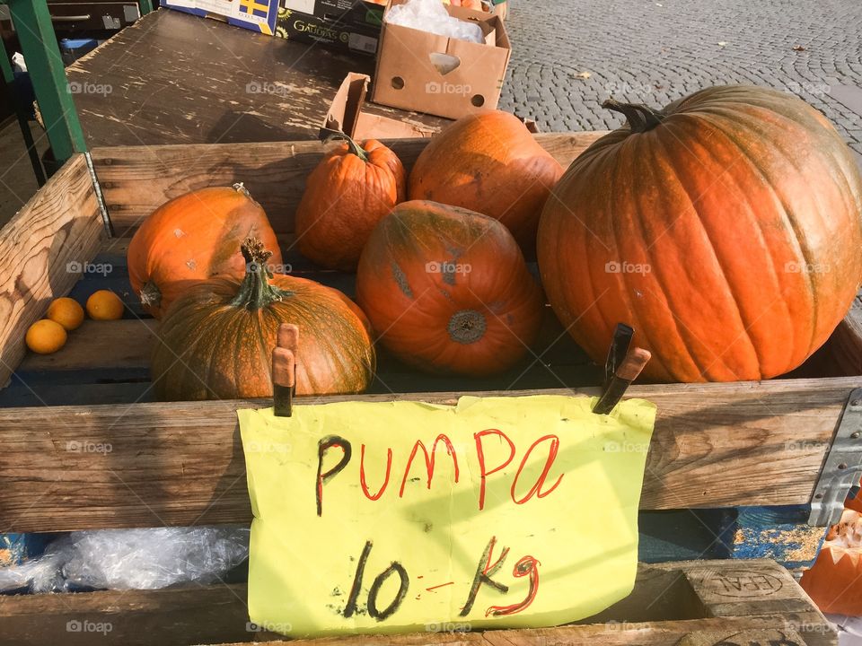 Pumpkins at a marker stand in Sweden.