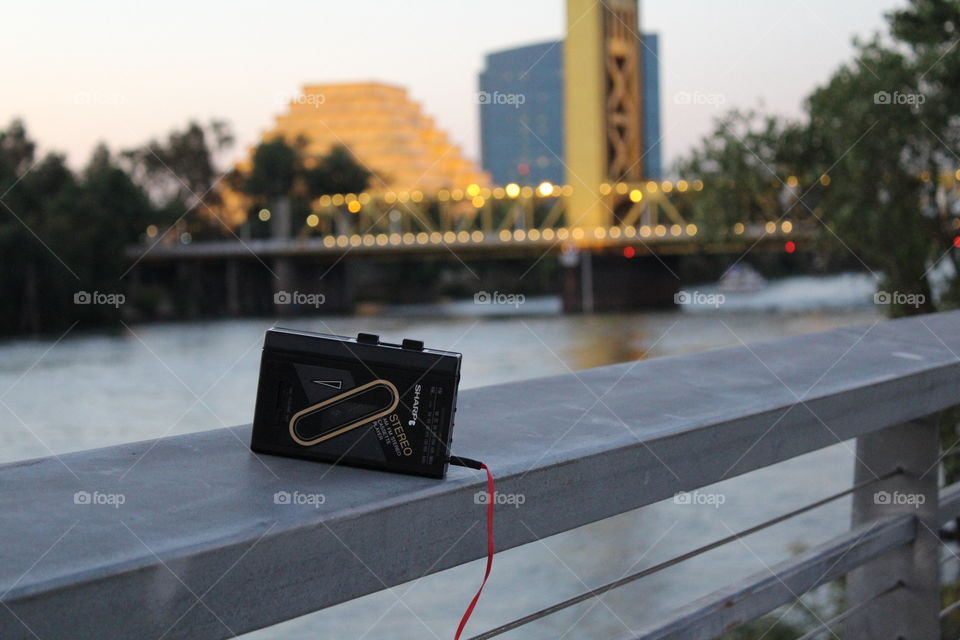 music on a old school cassette player on the Sacramento River Front