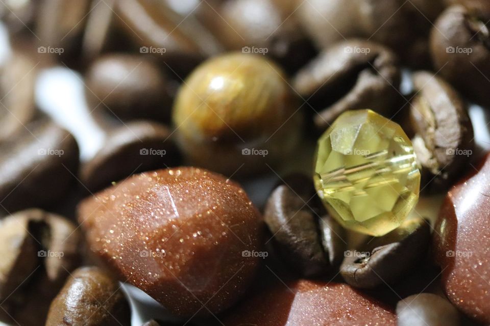 Semi-precious stones and coffee beans