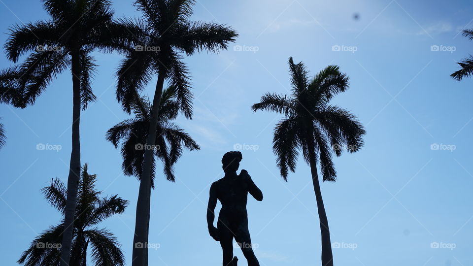 Florida Man's Moment of Clarity. The silhouette of the Statue of David against the backdrop of a Florida beach in Sarasota. There are momenta of calm found in the shadows, and time to look at the insanity of the modern day from a distance.