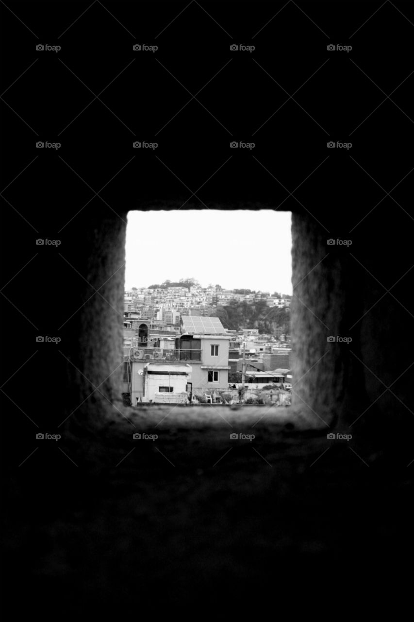Black and white contrast looking through a city wall - Seoul, South Korea