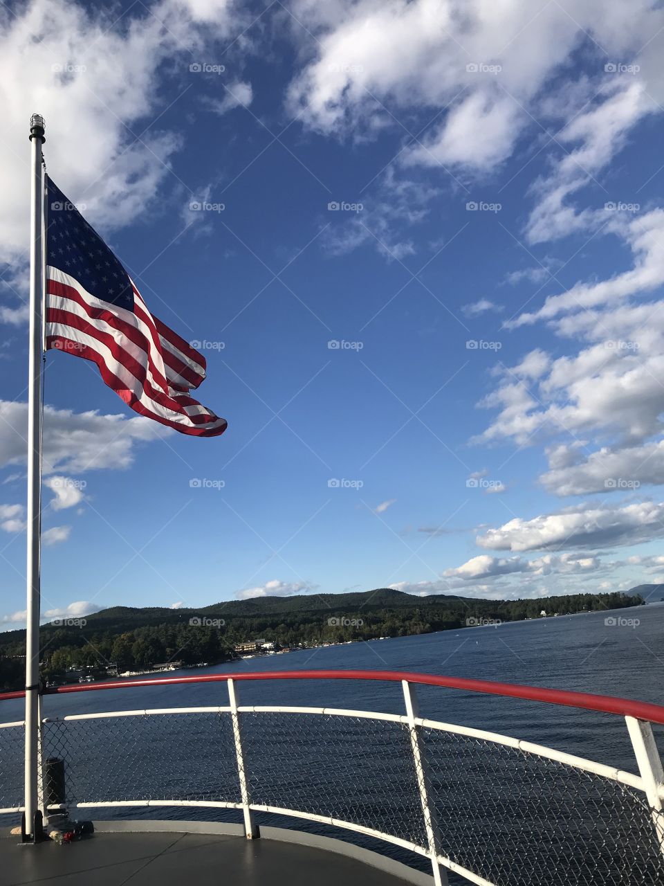 American Flag on the front of the Lac Du Saint Sacrament  boat at Lake George New York USA