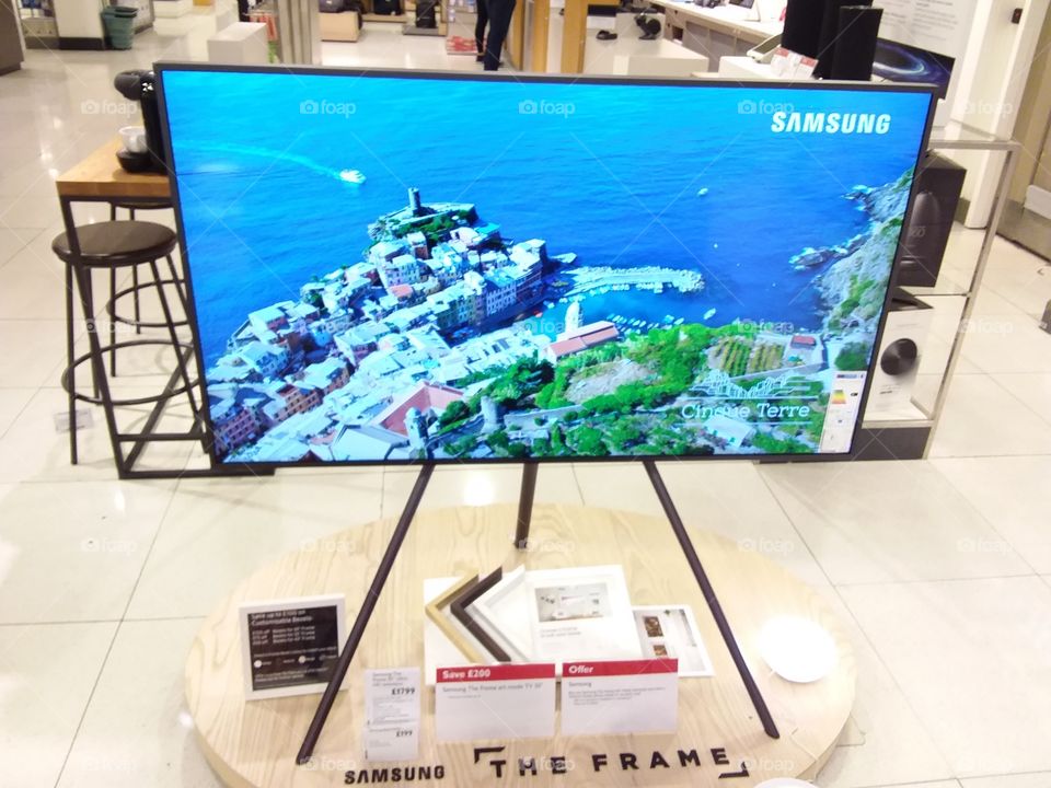 Samsung The Frame TV on studio stand
