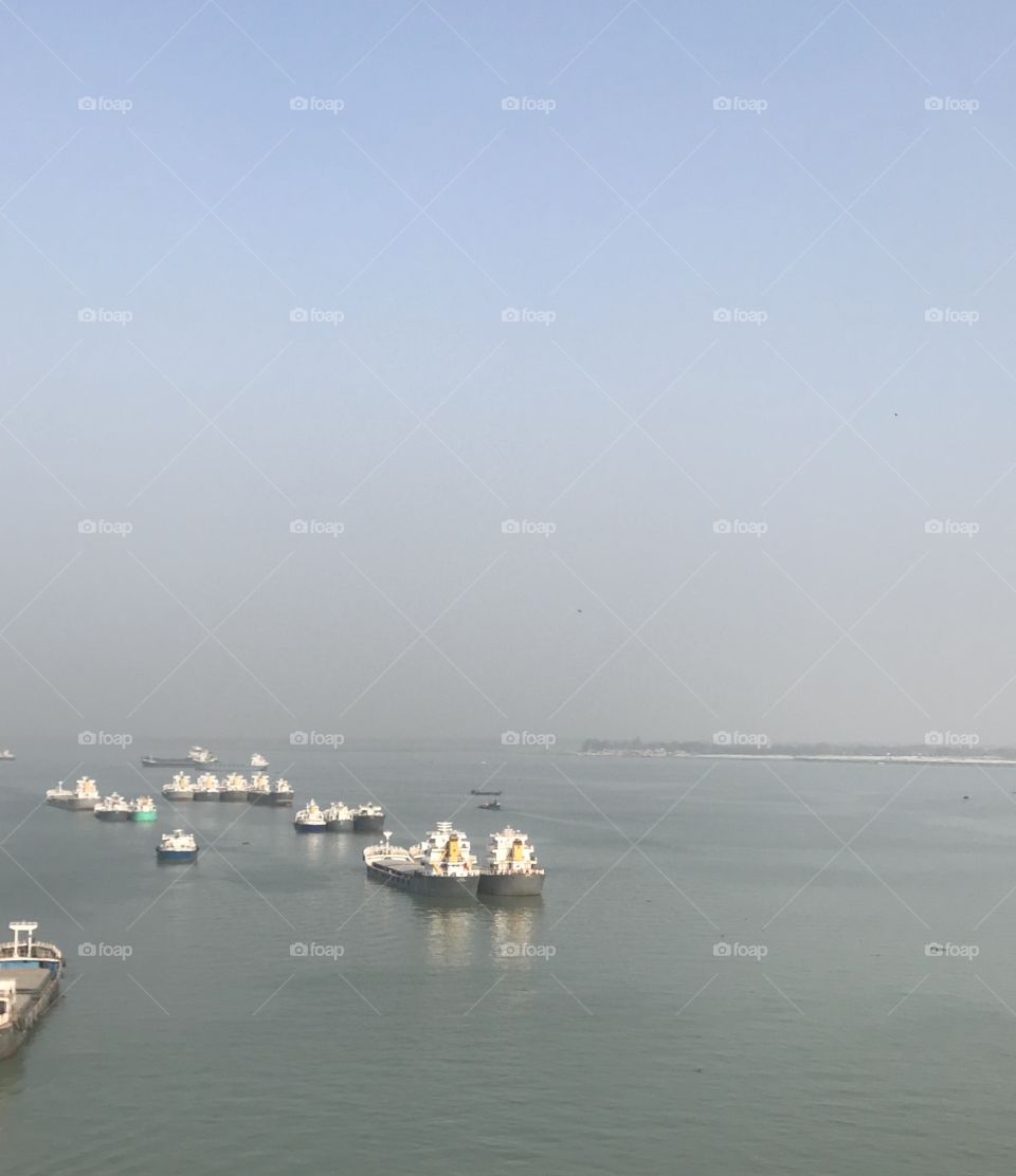 Bangladesh winter morning meghna  river with ships 