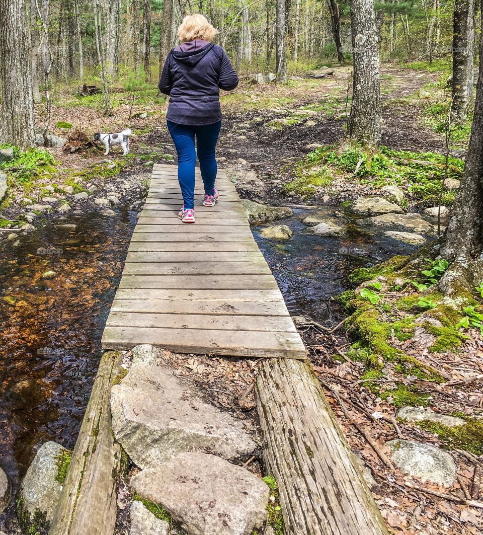 Out for a walk in the woods.  Crossing a rustic wood bridge across a small stream.