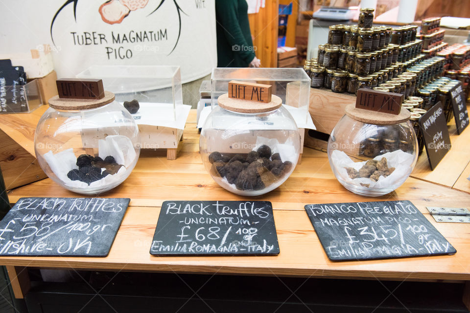 Exclusive truffles for display on a local food market in London. (Borough Market)