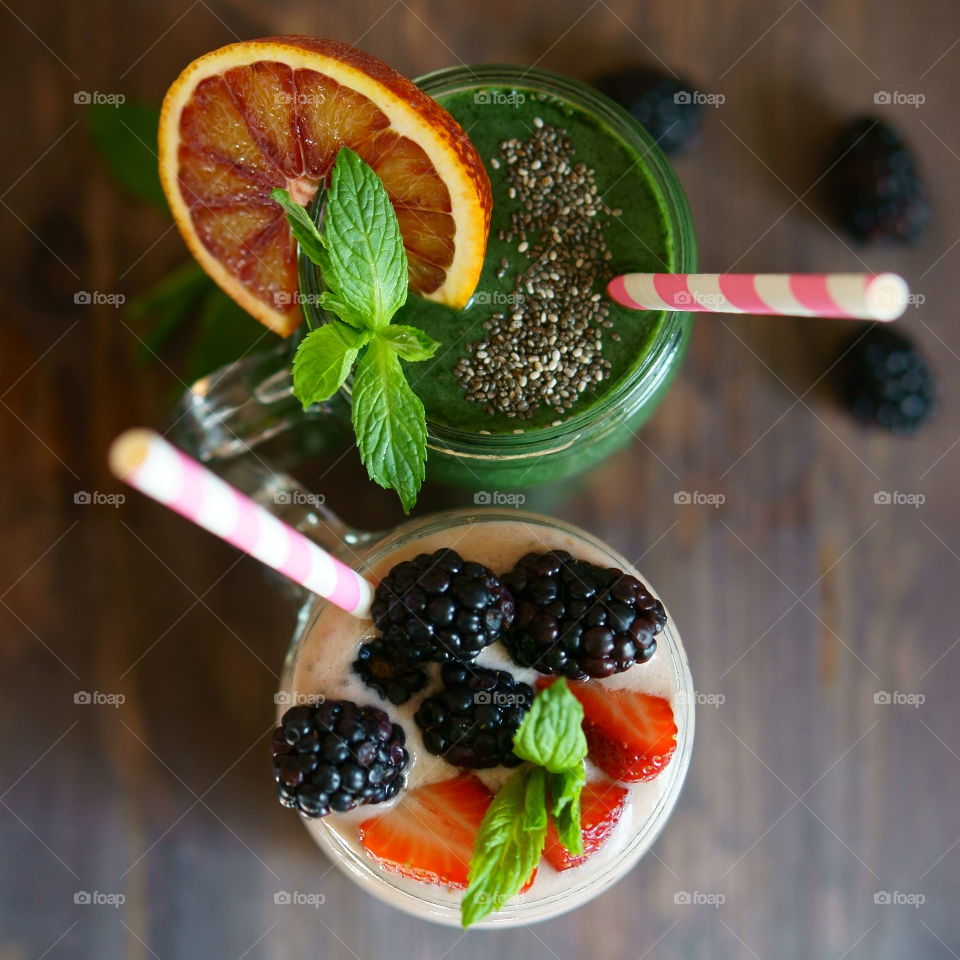 High angle view of  fruit smoothie in glass