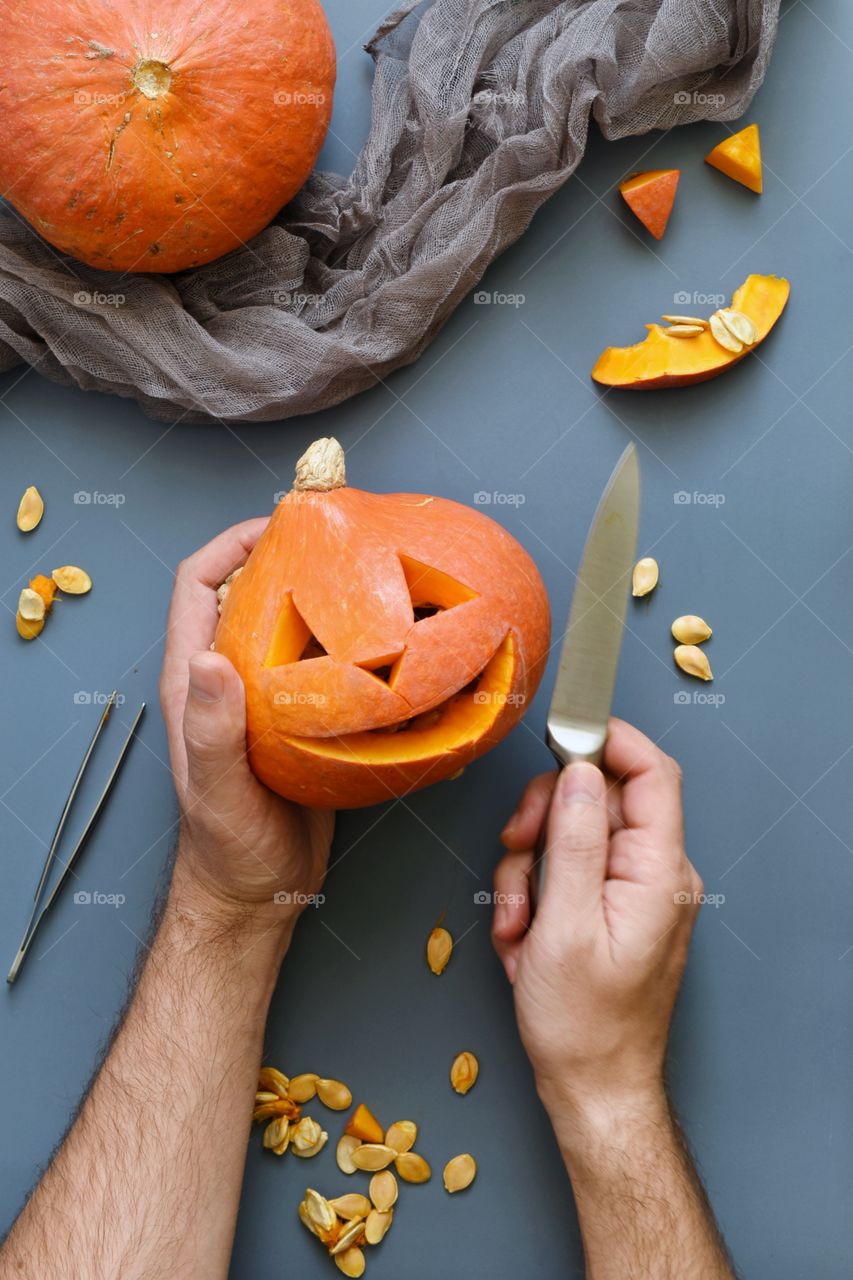 Carving pumpkins for Halloween 