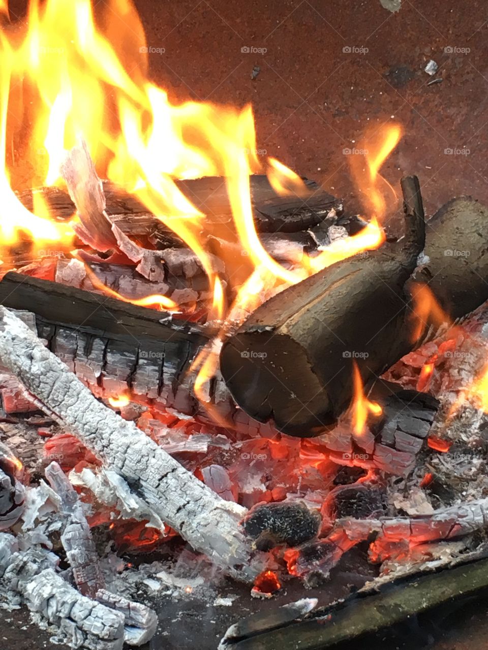 Close up view of logs and sticks burning in the flames in a bonfire fire pit