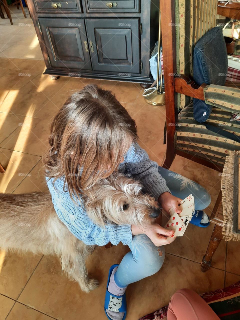 happy little girl playing cards with her dog