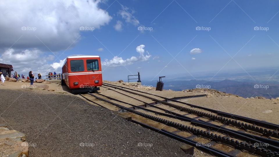 Train on top of the 14000 feet mountain. Pikes Peak in Colorado Springs