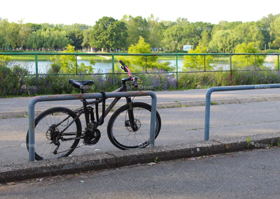 One lonely bicycle locked to a metal fence.  Greenery and beautiful lake in the background