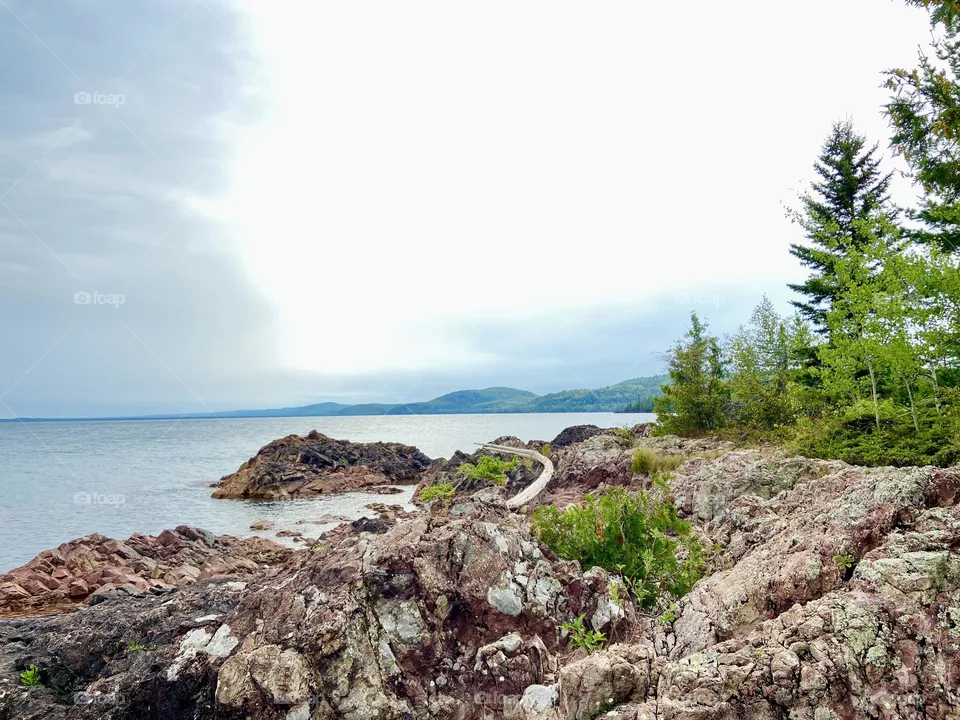 Rocky beach off of Lake Superior shoreline in Copper Harbor Michigan
