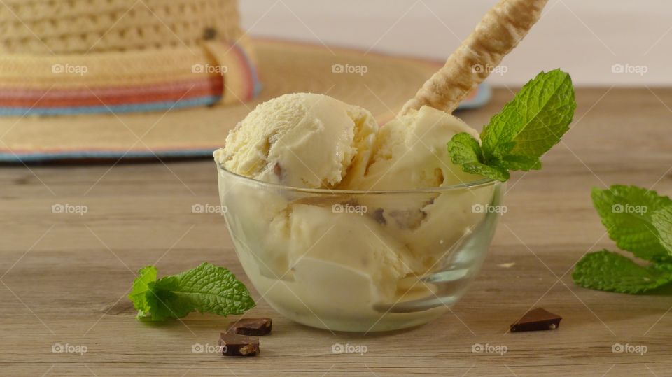 Bowl of mint chocolate chip ice cream