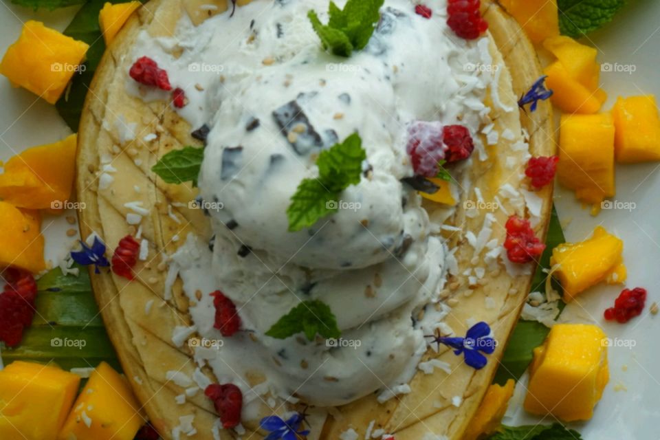 Summer time icecream - Banana split - mint chips ice cream