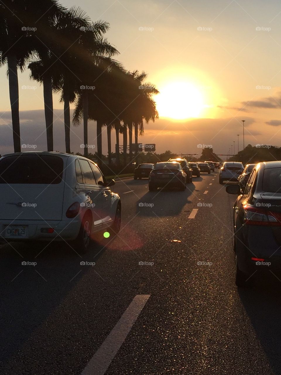 Traffic jam at sunset