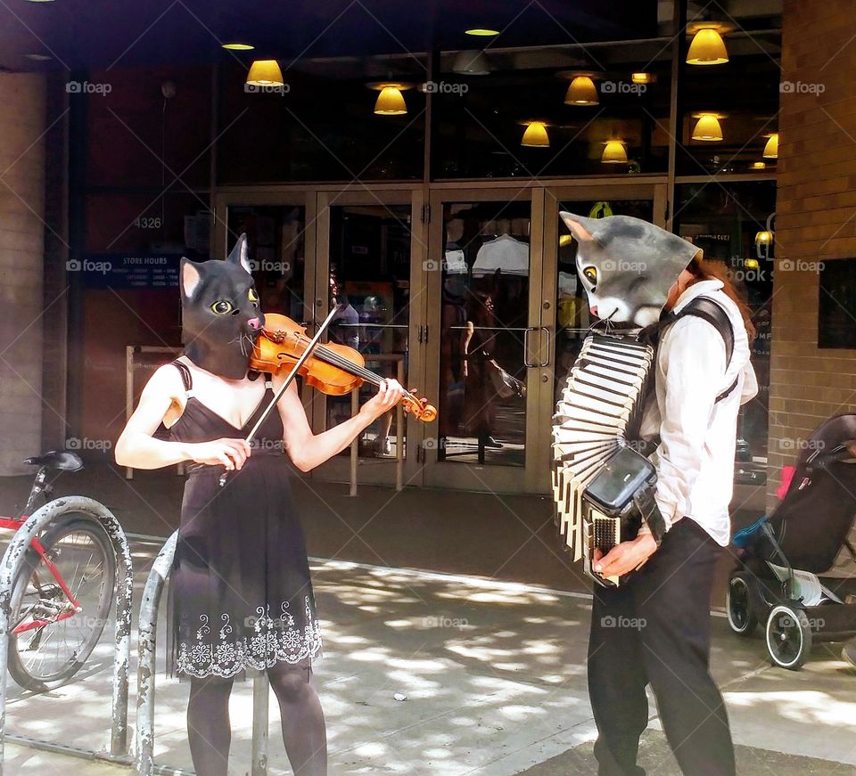 woman playing violin and man playing accordion wearing cat masks at folklife festival