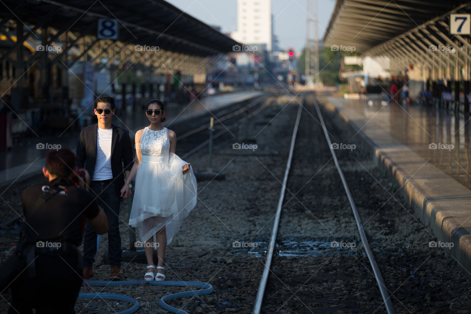 Wedding lover fashion in railway 