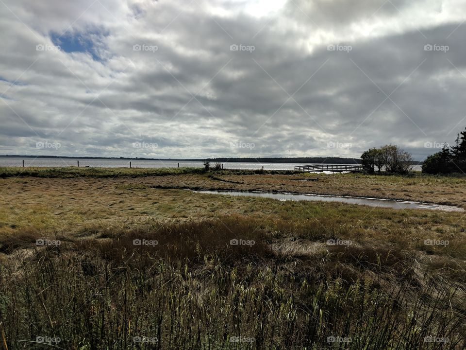 view of the water and surrounding land near the harbour in Summerside, PEI, Canada. lots of cloud cover.