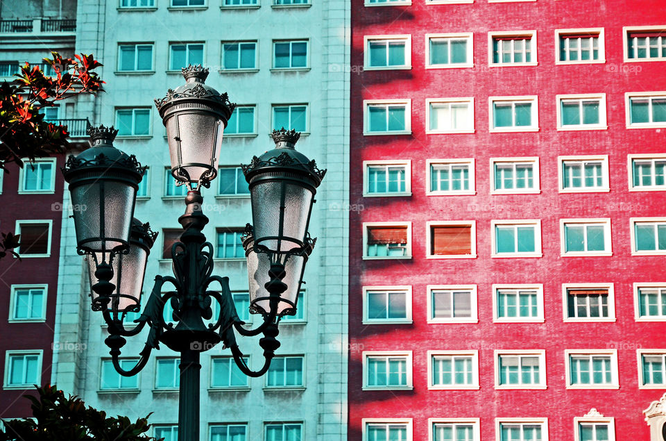 A street lantern on the Plaza de España, Madrid, Spain 