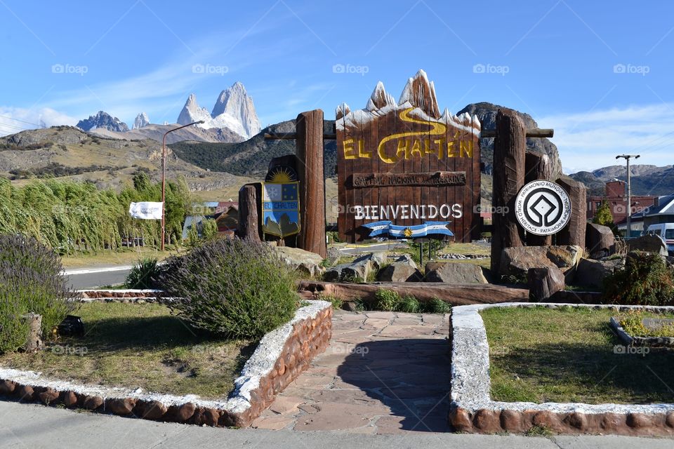 Welcoming sign into El Chalten in Patagonia 