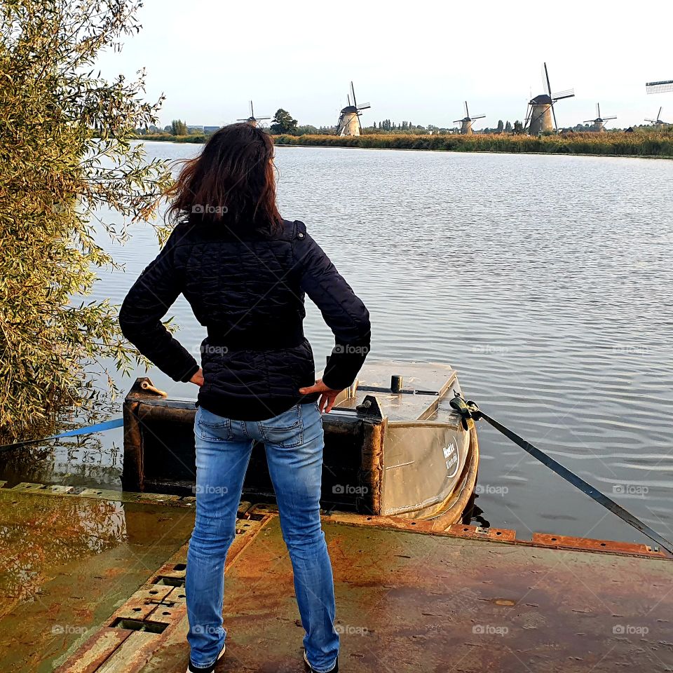 On the jetty looking at the Kinderdijk Alblasserdam South Holland.