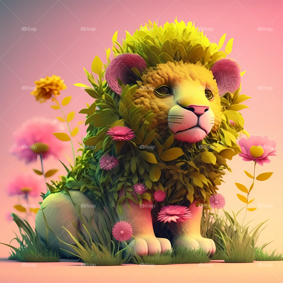 the lion in the flowers