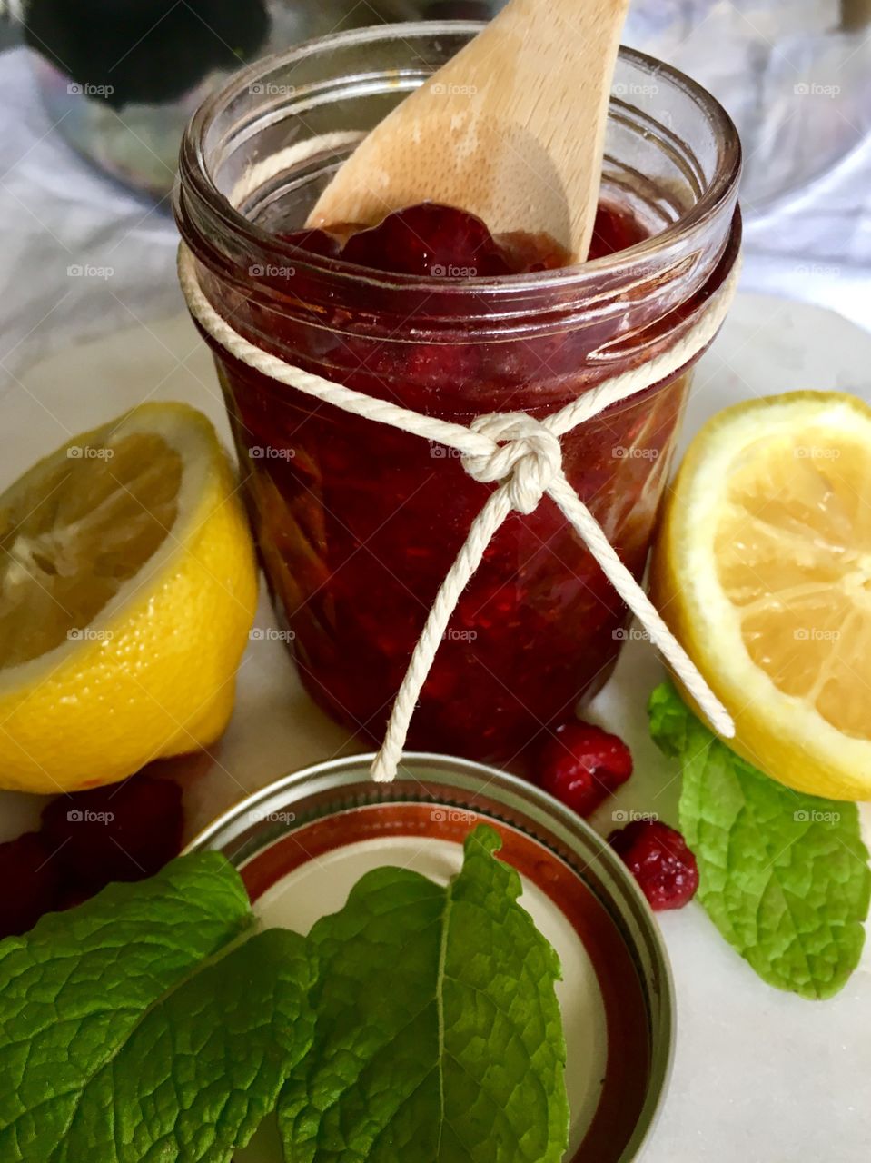 Close-up of jam near lemon