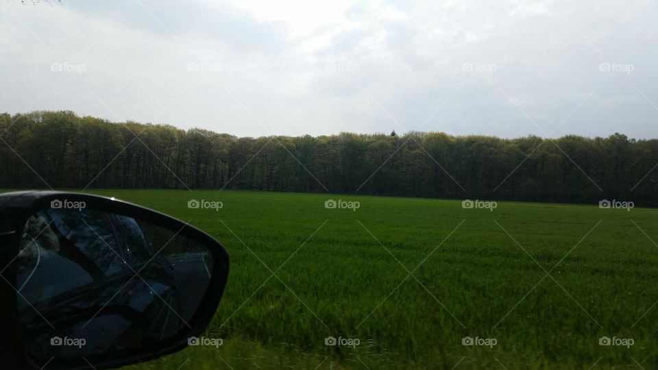Driving by German green forest and farm landscape. Side car mirror in frame