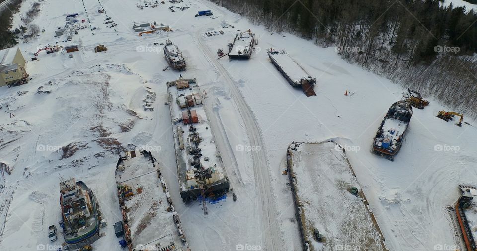 Frozen ships in a shipyard.