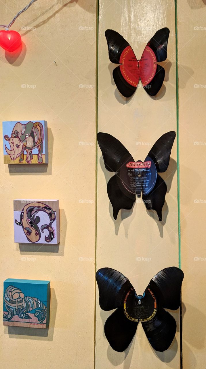 Upcycled art - folk art gallery with butterflies created from vinyl records