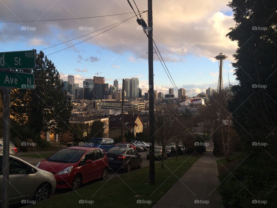 Seattle skyline seen from a hill