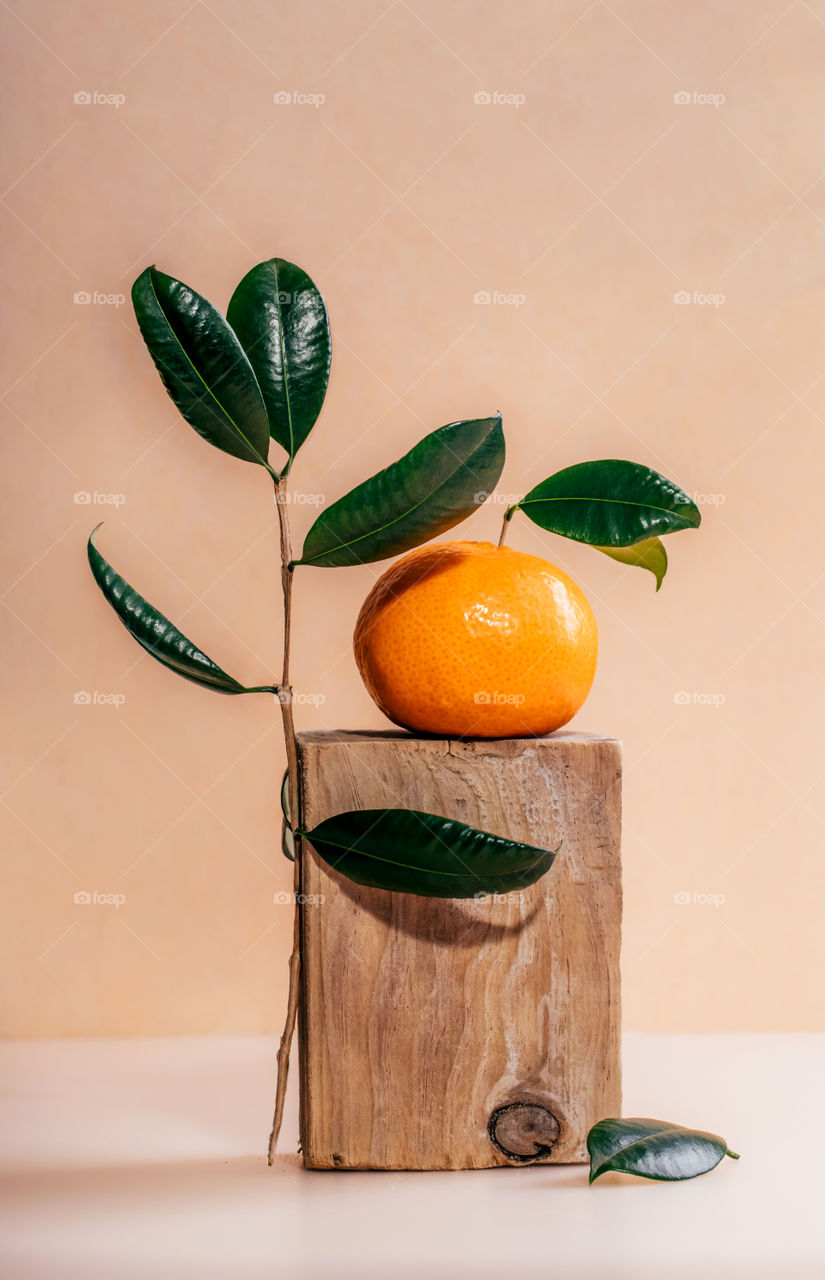 Still life with mandarin on wooden block