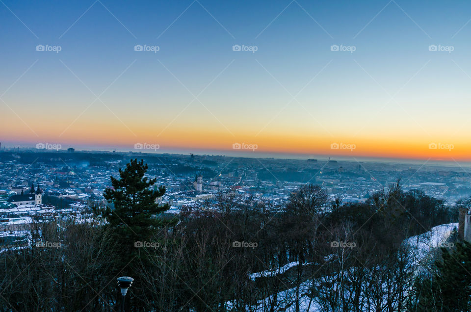 Lviv cityscape during the sunset