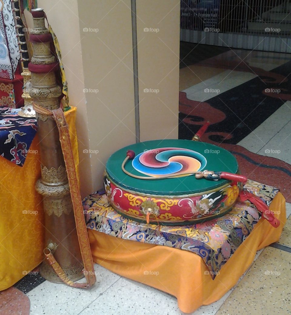 Traditional Tibetan Buddhist Musical Instruments. Dungchen horn and Large Drum